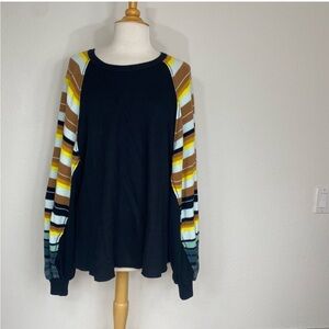 Free People Black Multi Color Aztec Knit Long Sleeve Crew Thermal Sweater Size M